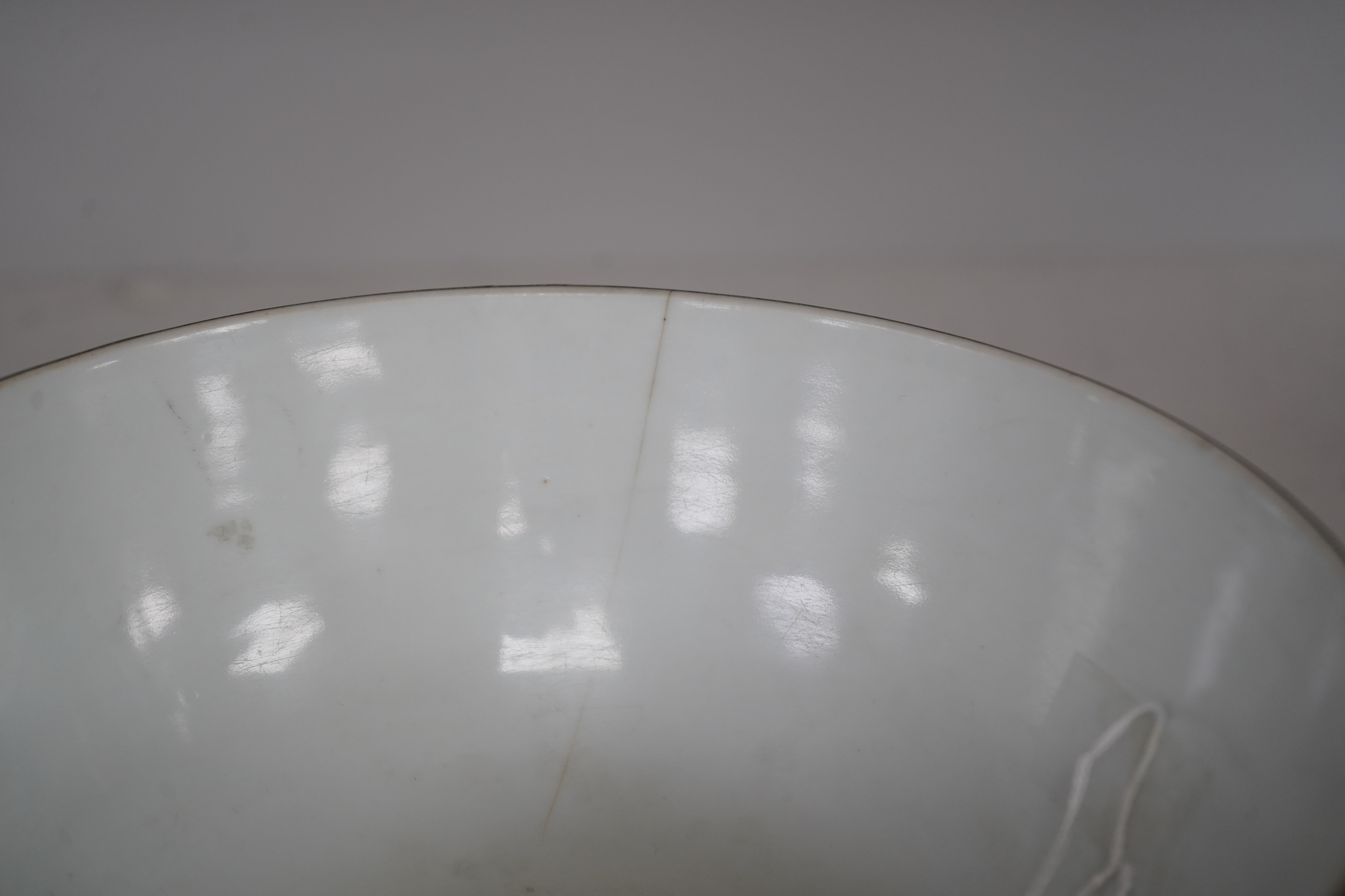 A Chinese blue and white ’Hundred Shou’ bowl, Qing dynasty, 20cm in diameter. Condition - cracked